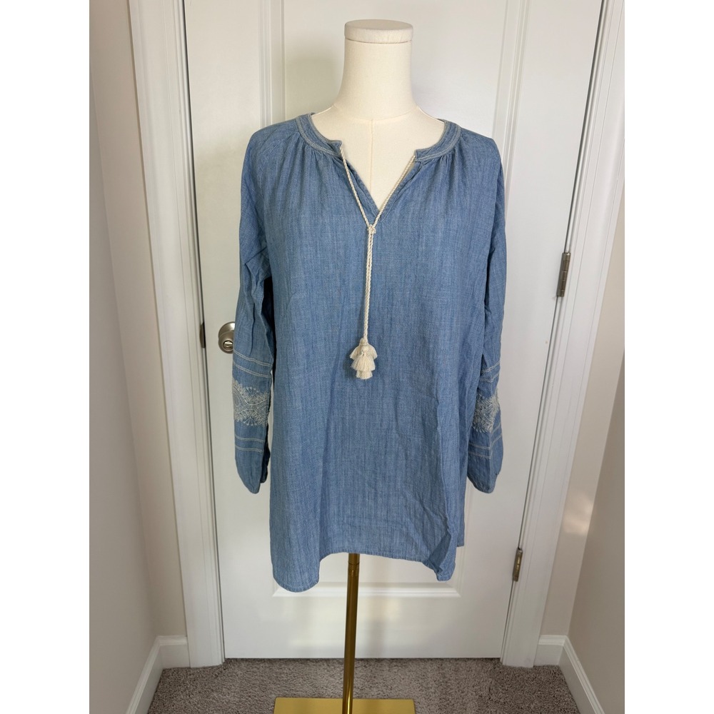J‎ Jill Women's Denim 3/4 Sleeve Cotton Embroidered Top Blouse Size Medium Boho